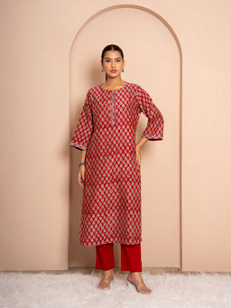 Kameez - Cherry Ember Block Print Red Chanderi Kurta with Pant