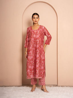 Kameez - Red Rosette Garden Hand Block Print Chanderi Kurta with Pant
