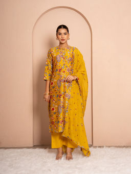 Kameez - Rustic Marigold Digital Print Chanderi Yellow Kurta with Pant and Dupatta