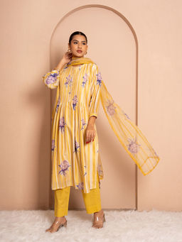 Kameez - Butter Yellow Digital Print Chanderi Kurta with Pant and Dupatta