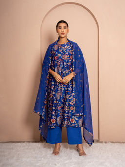 Kameez - Royal Garden Digital Print Blue Chanderi Kurta with Pant and Dupatta