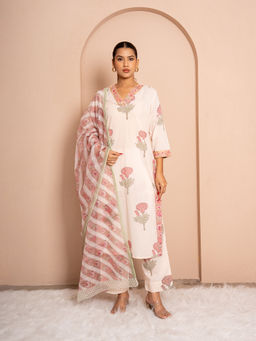Kameez - Cream Sun Bloom Ivory Block Print Cotton Kurta with Pant and Dupatta