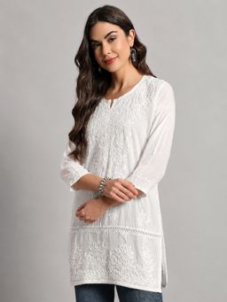 The Chikan Label - Saanvi Chanderi Chikankari Short Kurti - White