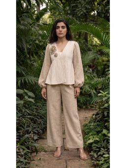 WOOMN - Beige V-Neck Pleated Co-Ord Set with Floral Brooch