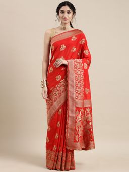 Vastranand - Red Floral Zari Silk Blend Banarasi Saree with Unstitched Blouse