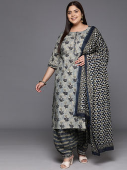 Extra love by Libas - Grey Printed Cotton Straight Kurta Sets for Women