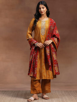 Libas - Mustard Silk Blend Printed Kurta Sets for Women
