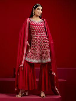 Libas - Red Embroidered Kurti Sharara with Dupatta (Set of 3)