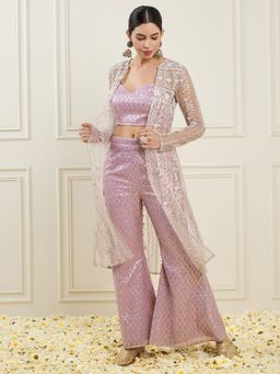 ADORNIA - Lavender Embroidered Woven Blouse with Flared Pant and Jacket (Set of 3)