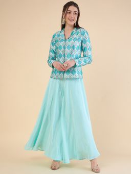 ADORNIA - Printed Ethnic Jacket with Flared Palazzo (Set of 2)