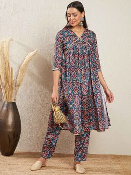 ADORNIA - Navy Blue Floral Printed Silk Crepe Kurta and Pant (Set of 2)