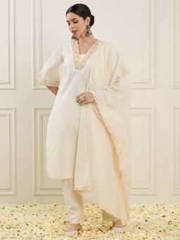 ADORNIA - Thread Work V-Neck Kurta with Pant and Dupatta (Set of 3)