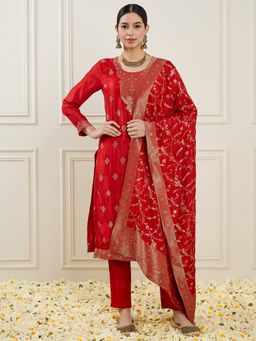 ADORNIA - Ethnic Motifs Printed Pure Silk Kurta with Pant and Dupatta (Set of 3)