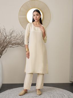 ADORNIA - Cream Solid Kurta with Pant (Set of 2)