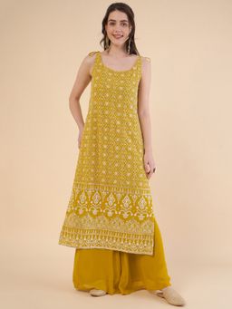 ADORNIA - Embroidered High Slit Chikankari Kurta with Palazzo (Set of 2)