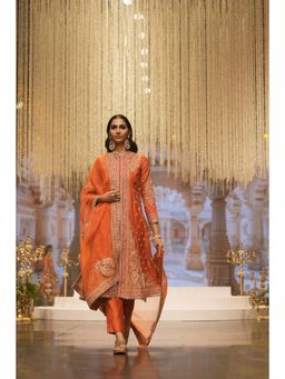 Sheetal Batra - Orange Long A-Line Jacket with Pant and Dupatta (Set of 3)