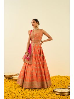 Sheetal Batra - Orange Lehenga with Blouse, Dupatta and Belt (Set of 3)