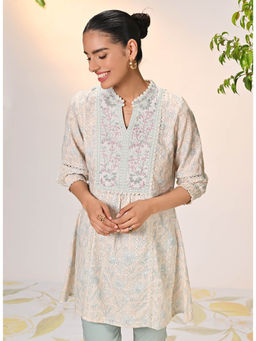 Lakshita - Umang Cream with Blue Embroidered Schiffli Kurti for Women