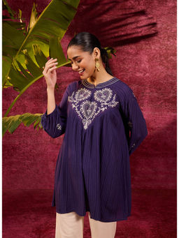Lakshita - Malti Deep Purple Embroidered Striped Viscose Rayon Tunic for Women
