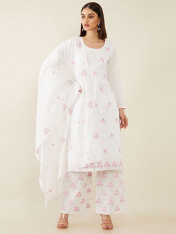 Soch - White Machine Embroidery Cotton Unstitched Dress Material - 3 Meter Kurta Fabric