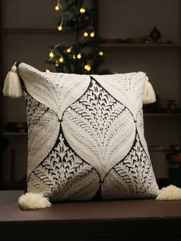 Revive Home - Black and Ivory Embroidered Cushion Cover with Tassels (18 x 18 Inches)