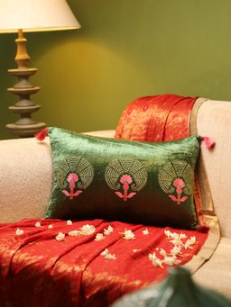 Revive Home - Green Velvet Cushion Cover with Zari Embroidery - Rectangle (12 x 18 Inches)