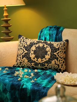 Revive Home - Blue and Ivory Pillow Style Embroidered & Embellished Cushion Cover (12 x 18 Inches)