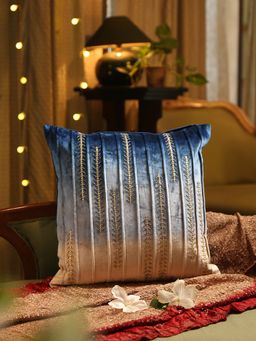 Revive Home - Blue Beige Ombre Velvet Cushion Cover with Embroidery and Bead Work (18 x 18 Inches)