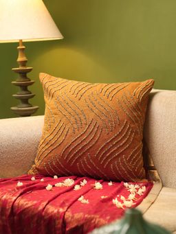 Revive Home - Mustard Hand Beaded Cushion Cover Wave Design (18 x 18 Inches)
