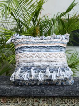 Revive Home - Tufted Off White and Blue Cushion Cover with Tassels (18x18 inches)
