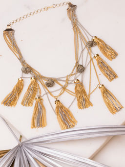 Vasundhara - Gold and Silver Layered Necklace with Golden Tassels and Pyrite Drops (30)