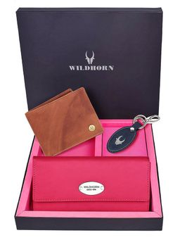 WILDHORN - Premium Leather Ladies Wallet, Mens Wallet and Keychain Gift -1K_RO_2052TAV_K (Set of 3)