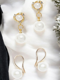 OOMPH - Combo Of 2 Gold Tone White Pearl Office-Wear Fashion Delicate Drop Earrings