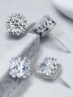OOMPH - Combo Of 2 Silver Tone Square and Round Cubic Zirconia Delicate Stud Earrings