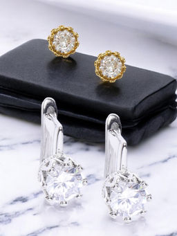 OOMPH - Combo Of 2 Crown Cubic Zirconia Small Stud and Drop Earrings for Women and Girls