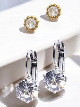 OOMPH - Combo Of 2 Crown Cubic Zirconia Small Stud and Drop Earrings for Women and Girls