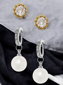 OOMPH - Combo Of 2 Pearl and Crown Cubic Zirconia Small Stud and Drop Earrings for Women