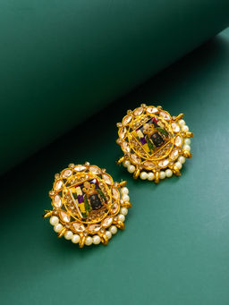Aadita - Gold Plated Alloy Artificial Stones and Pearl Temple Designer Studs