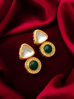 Aadita - Gold Plated Green Kundan Ad Statement Drop Earrings