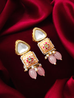 Aadita - Gold Plated Brass Pink Kundan and Pearl Statement Drop Earrings