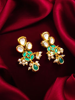 Aadita - Gold Plated Brass Green Kundan and Pearl Statement Drop Earrings