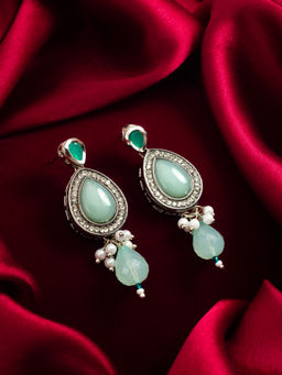 Aadita - Green Silver Plated Alloy Drop Earrings