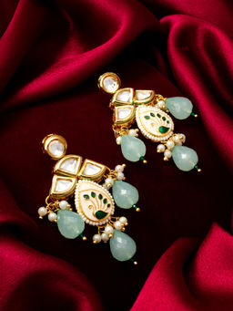 Aadita - Gold Plated Brass Blue Kundan and Pearl Drop Earrings