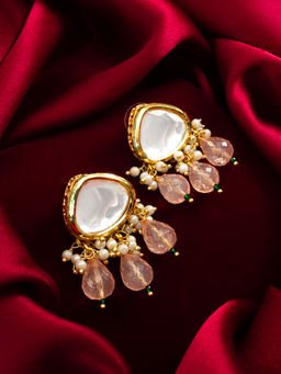 Aadita - Gold Plated Brass Pink Kundan and Pearl Drop Earrings
