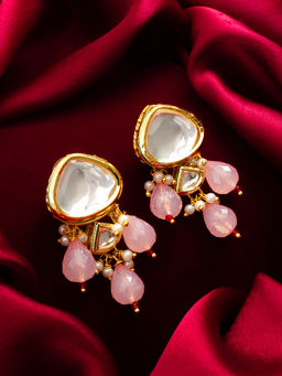 Aadita - Gold Plated Brass Pink Kundan and Pearl Drop Earrings