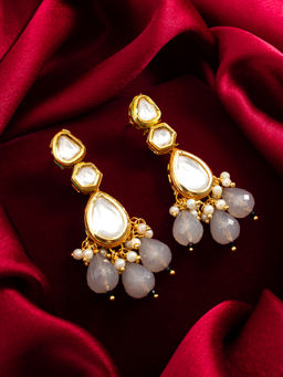 Aadita - Gold Plated Brass White Kundan and Pearl Drop Earrings