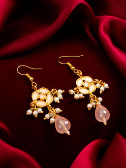 Aadita - Gold Plated Brass Pink Kundan and Pearl Drop Earrings
