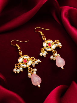 Aadita - Gold Plated Brass Pink Kundan and Pearl Drop Earrings
