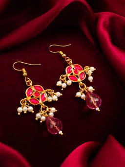 Aadita - Gold Plated Brass Pink Kundan and Pearl Drop Earrings