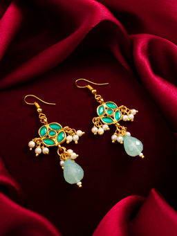 Aadita - Gold Plated Green Brass Kundan and Pearl Drop Earrings